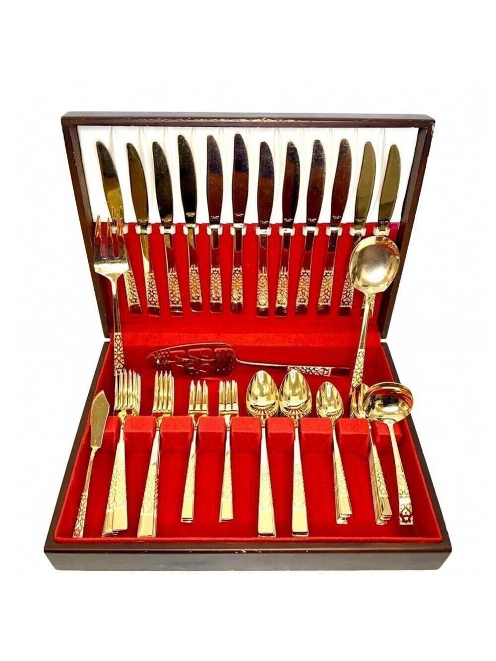 Japanese Lancelot by Present Gold Electroplated Flatware 65 Pieces in Wood Case